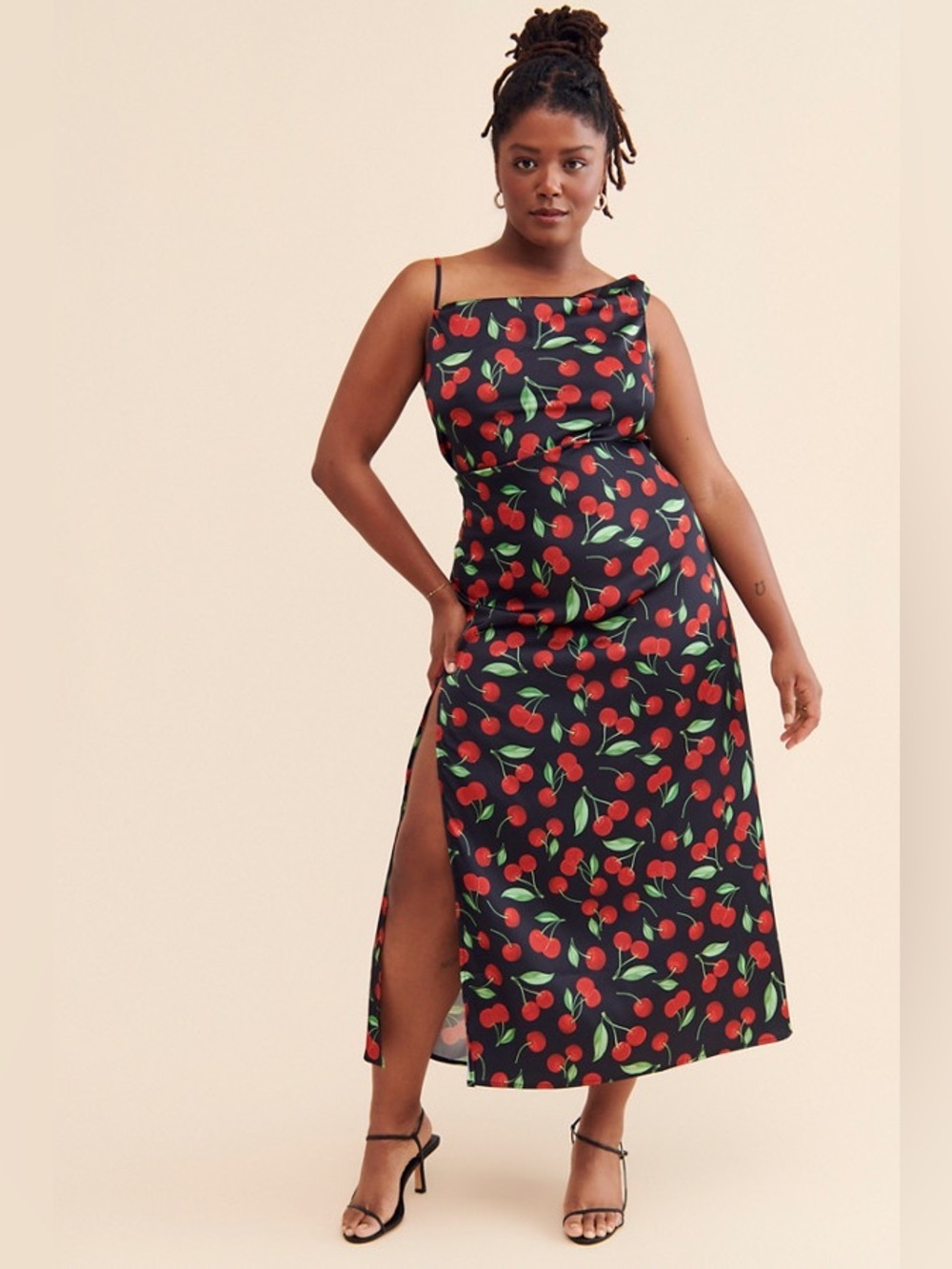 For Love & Lemons Xena Midi Dress Black Multi Cherry-Print Slip 1X